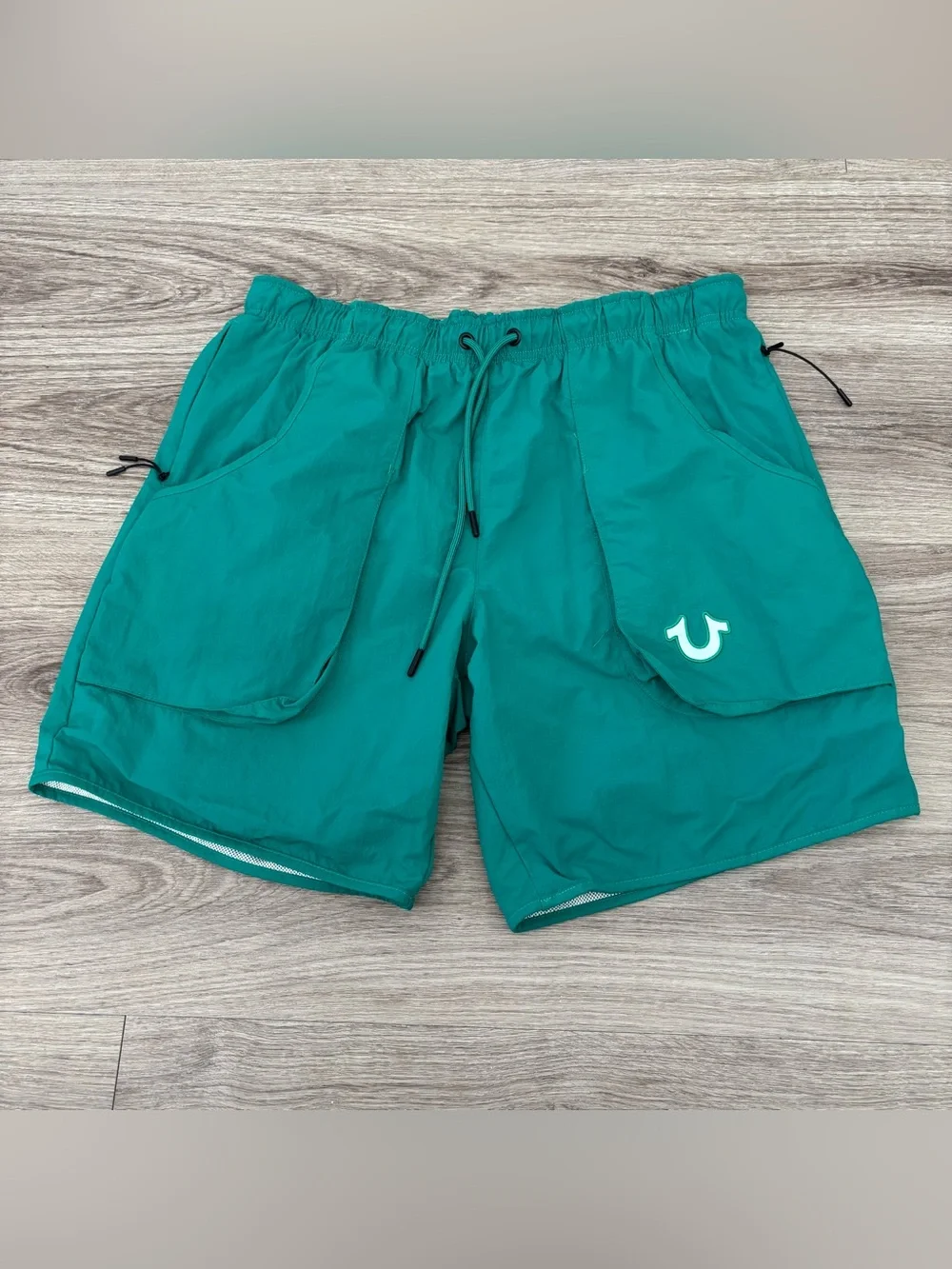 True Religion Board Shorts Men's 33/34 Green Swim Curved Nylon Shorts Trunks L